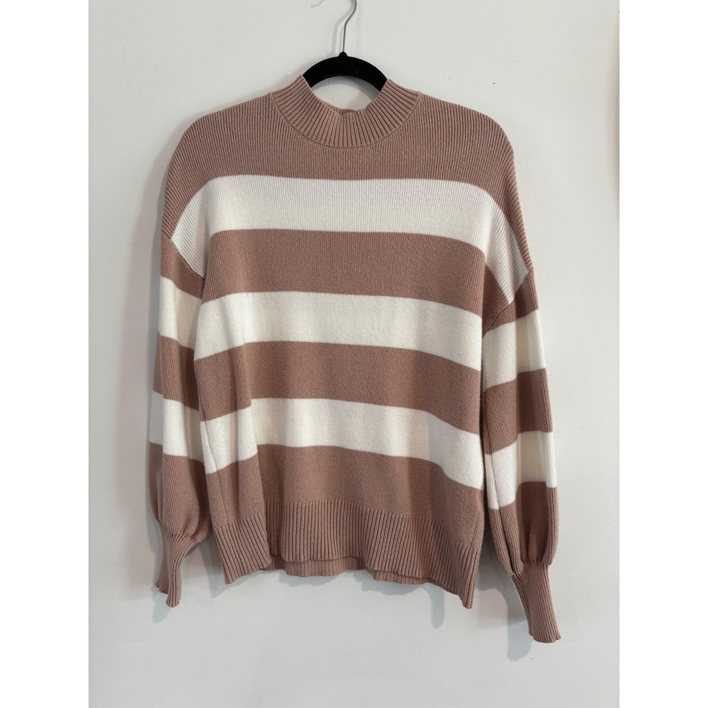Zesica Striped Mock Neck Sweater Womens Small Mauve White Lantern Sleeve‎